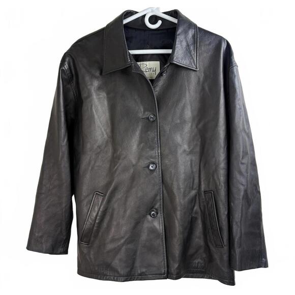 Vintage Remy Black Leather Jacket Men’s Med Button Down Slant Pockets